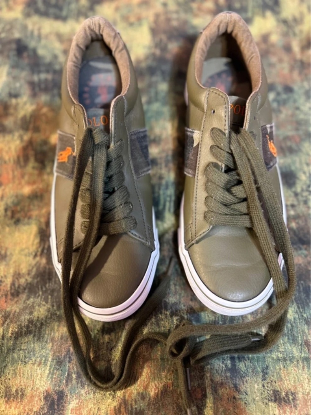 POLO Ralph Lauren Khaki Olive Camo Orange Sayer Lace Up Child Kid Unisex Sneaker